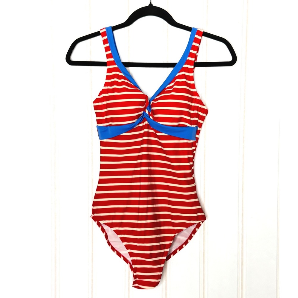 Boden Red White Striped One Piece Swimsuit Blue Trim Twist Front US 6 UK 10